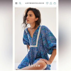 Anthropologie Lissa Romper Ballon Sleeve Blue Motif Paisley Size Small